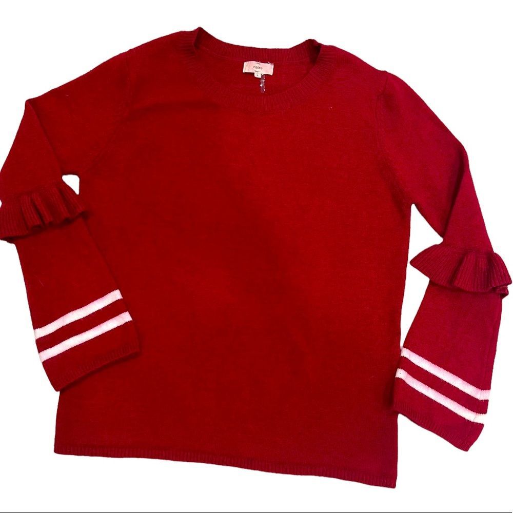 Entro Red Sweater with Ruffle and Stripe on sleeve Size Large